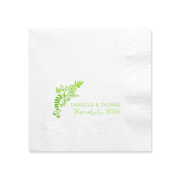 ForYourParty's chic Kiwi Cocktail Napkin with Matte White Foil has a Rustic Floral Accent graphic and is good for use in Floral themed parties and are a must-have for your next event—whatever the celebration!