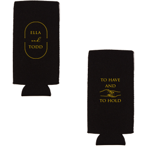 Our custom Black Flat Can Cooler with Gold Ink has an Oval Frame graphic and a Holding Hands graphic and is good for use in Trendy, Wedding themed parties and are a must-have for your next event—whatever the celebration!
