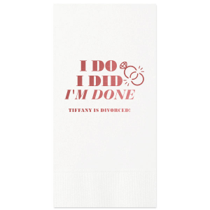 Celebrate a divorce party with fun personalized party accessories. The end of an era demands a celebration. This custom cocktail napkin features a broken rings graphic and a bold typeface for an unconventional bash. 