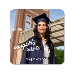Celebrate your hard work with our custom photo Congrats Grad! drinks coasters.  Featuring a classic collegiate design and edge to edge printing for your photograph, these drinks coasters will put your graduate front and center during the celebration.