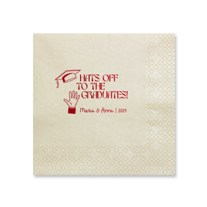 Applaud the new graduate with the Hats Off Graduation Cheer Napkin, emblazoned with a celebratory hand tossing a graduation cap and the phrase "Hats off to the graduate," personalized with the graduate's name and year. A perfect addition to any graduation festivity.