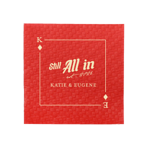 Celebrate the luster of your lasting love with the Diamonds Playing Card Still All In Anniversary Napkin. Encased within the diamond suit, your initials take center stage, complemented by the bold "Still All In" phrase, the treasured year in script, and the couple's name below. A timeless keepsake for your cherished anniversary festivity.