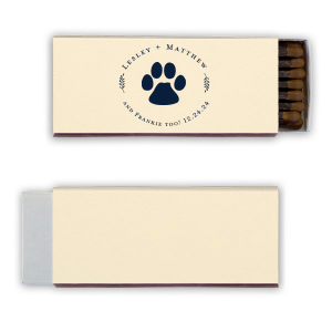ForYourParty's personalized Stardream Ivory Square Matchbox with Matte Navy Foil has a Paw Print graphic and is good for use in Animals themed parties and can be personalized to match your party's exact theme and tempo.