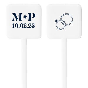 The Date & Rings Stir Stick features a beautifully hand-drawn depiction of two intertwined wedding rings on one side, symbolizing eternal love, while the other side can be personalized with your initials and event date in a casual, yet refined script. This dual-sided design serves as a timeless keepsake for guests to remember your union. Ideal for wedding celebrations and anniversary parties.