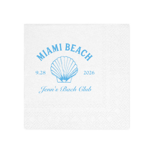 Dive into the festivities with the Bachelorette Beach Party Seashell Soiree Napkin, featuring the bachelorette's name in a timeless script, her party's coastal location, and date, elegantly accented with a chic sea shell graphic. The perfect accompaniment to "The Last Splash" celebration by the shore.