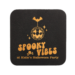 Custom Halloween decor will take your event up a notch! Celebrate the season with the Spooky Vibes Coaster. You can personalize with your name below a modern pumpkin disco design. 