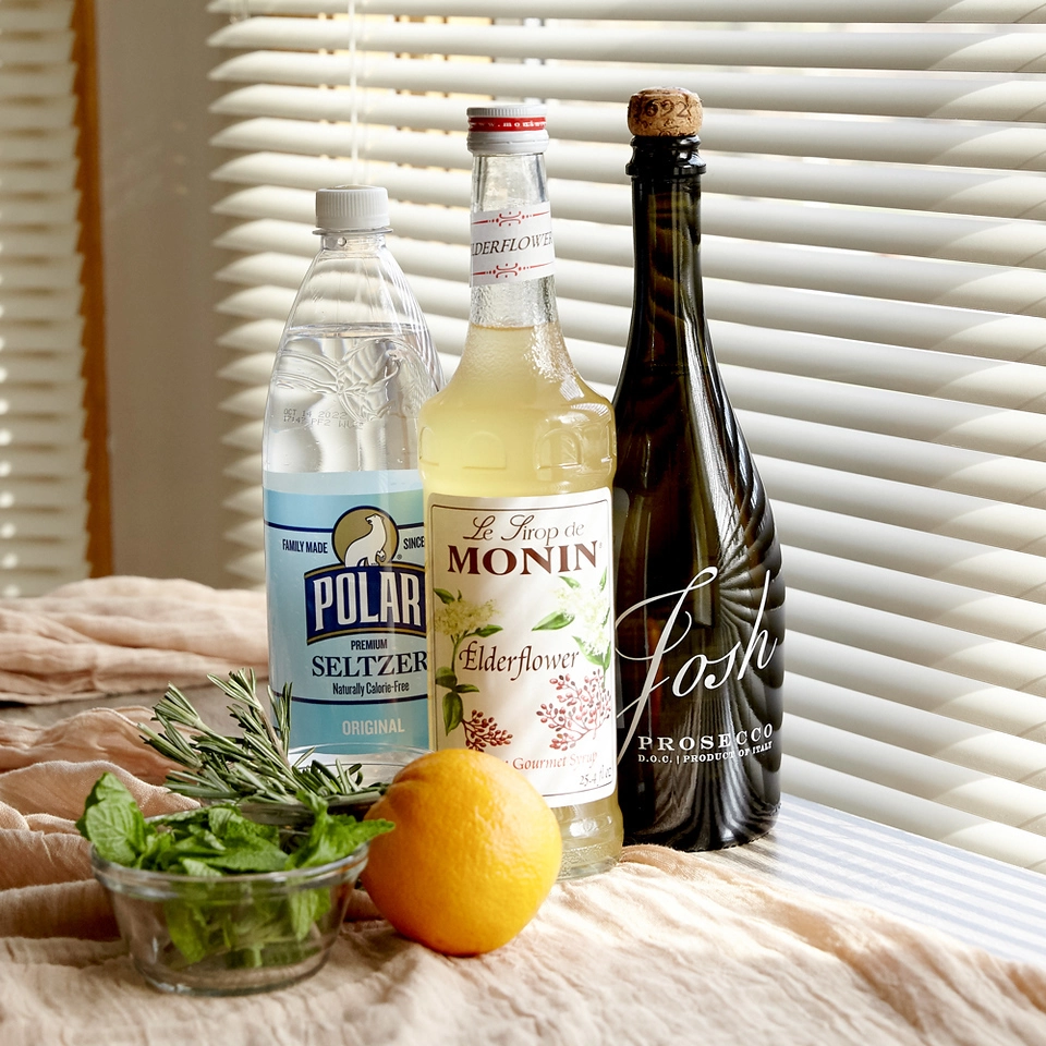 Ingredients needed for elderflower champagne cocktail