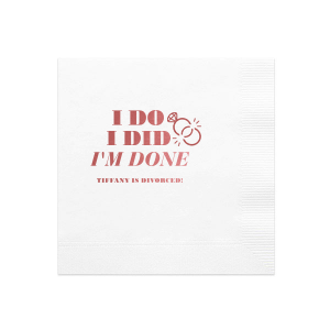Celebrate a divorce party with fun personalized party accessories. The end of an era demands a celebration. This custom cocktail napkin features a broken rings graphic and a bold typeface for an unconventional bash. 