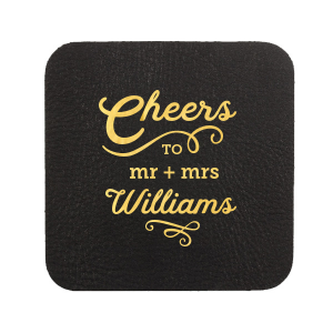Personalized White Square Coaster with Shiny 18 Kt Gold Foil will make your guests swoon. Personalize your party's theme today.