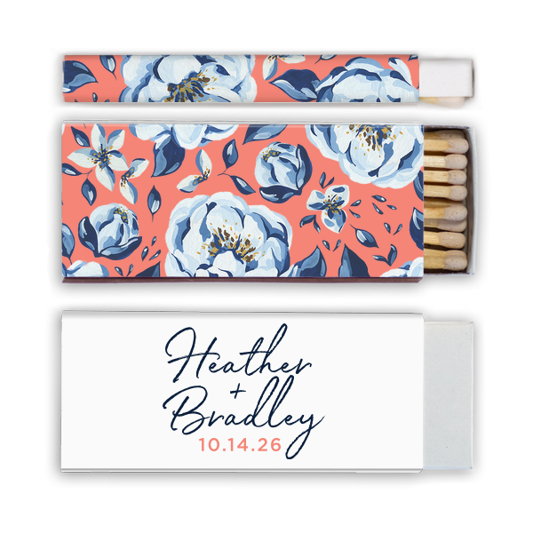 Our custom White Square Custom Photo Matchbox with Matte Light Coral Ink Digital Print Colors and Matte Navy Ink Digital Print Colors will make your guests swoon. Personalize your party's theme today.