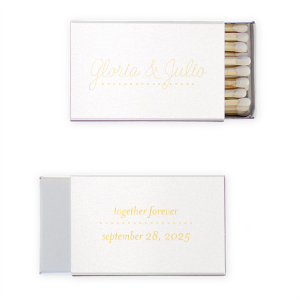 Our beautiful custom Stardream Crystal White Triangle Matchbox with Shiny 18 Kt Gold Foil can be customized to complement every last detail of your party.