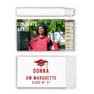 ForYourParty's personalized White Classic Custom Photo Matchbox with Matte Black Ink Digital Print Colors and Matte Red Berry Ink Digital Print Colors has a Cap graphic and is good for use in Graduation themed parties and couldn't be more perfect. It's time to show off your impeccable taste.