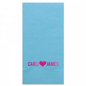 The Heartfelt Names Napkin beautifully expresses love in its simplest form. Featuring the couple's names in bold capitals with a large solid heart symbolizing 'loves' between them, this design evokes youthful declarations of affection, perfectly capturing the essence of their bond in a straightforward, yet poignant manner.