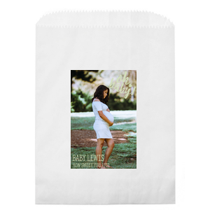 ForYourParty's elegant White Custom Photo Party Bag with Matte Blush Ink Digital Print Colors has a Oh baby graphic and is good for use in Baby Shower themed parties and can be personalized to match your party's exact theme and tempo.