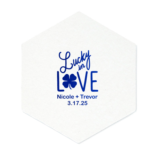 ForYourParty's chic Eggshell Square Coaster with Satin Leaf Foil has a Lucky In Love graphic and is good for use in Wedding, St Patricks Day themed parties and can be customized to complement every last detail of your party.