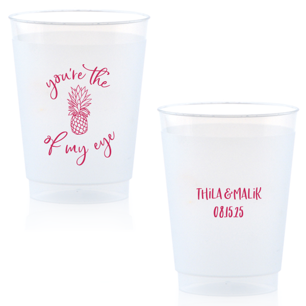 Our custom Matte Fuchsia Ink 10 oz Frost Flex Cup with Matte Fuchsia Ink Cup Ink Colors has a Pineapple Tiki graphic and is good for use in Food, Beach/Nautical themed parties and will impress guests like no other. Make this party unforgettable.