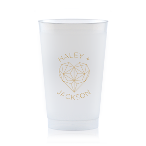 ForYourParty's elegant Gold Ink 20oz Frost Flex Cup with Gold Ink Cup Ink Colors has a Geo Heart graphic and is good for use in Hearts, Geometric, Wedding themed parties and will make your guests swoon. Personalize your party's theme today.
