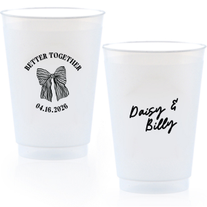 Celebrate the perfect pairing with the Better Together Bow Wedding Cup, featuring the couple's names in a romantic script and the wedding date, complemented by "Better Together" alongside a charming bow illustration. A sweet toast to unity and love on your big day.