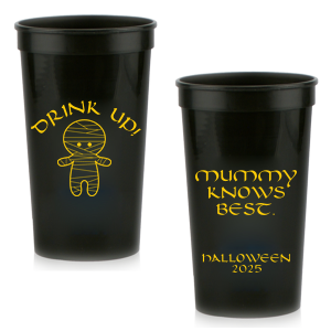Custom Orange 16 oz Stadium Cup with Matte White Ink Ink Color has a Mummy graphic and is good for use in Halloween themed parties and will add that special attention to detail that cannot be overlooked.
