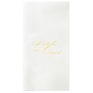 The Sophisticated Script Couple Napkin design showcases the couple's full names in an elegant script, each starting with dramatically flourished initials that artistically intertwine. This design embodies elegance and excitement, creating a visually striking statement of flair and sophistication for any celebratory event.