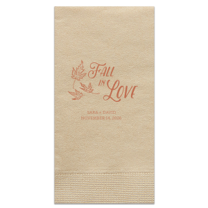 Set the table for romance amongst the falling leaves with the Fall in Love Napkin. Graceful script and autumn foliage capture the essence of the season, while the couple's details beneath seal the sentiment for your harvest celebration.
