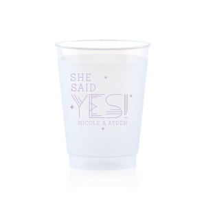 ForYourParty's personalized Silver 16 oz Frost Flex Color Cup with Matte Eggplant Ink  has a Sparkles graphic and is good for use in Wedding, Bridal Shower and Engagement themed parties and will make your guests swoon. Personalize your party's theme today.