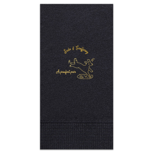 Celebrate your nuptials with the Pawfect Pair Wedding Napkin, featuring a joyous illustration of a dog in mid-leap above a grassy knoll, surrounded by a sprinkle of sparkles. Personalize with the couple's names arched above this heartwarming scene, symbolizing the playful spirit and boundless love of your special day.