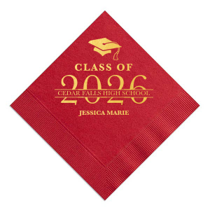 Celebrate graduation in style with the Graduation School Name Banner Napkin! It’s a vibrant celebration on a napkin, boasting a flying graduation cap, the class year in big, bold letters, and the school's name on a striking banner. The graduate's name, proudly displayed below, completes this festive keepsake.