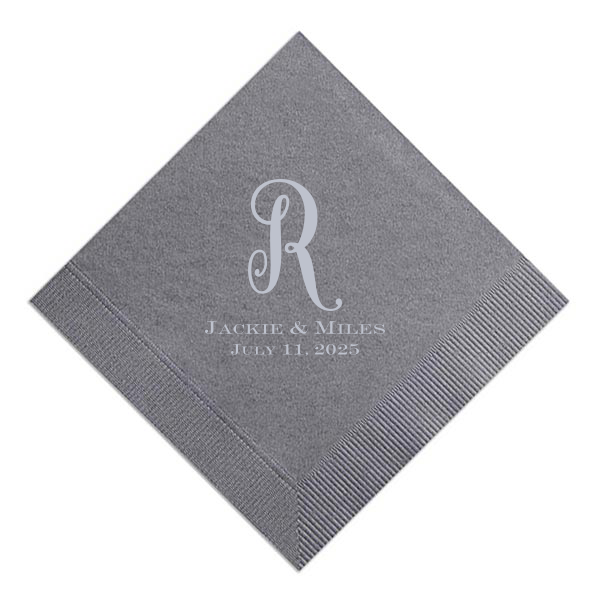 The Elegant Mono Initial Name and Date Wedding Napkin design elegantly symbolizes unity and identity, featuring a grand, scrolling script of the couple's shared last initial. This monogram, a sign of their eternal bond, is strikingly complemented by their full names and event date in bold, all-caps block lettering below. A sophisticated embodiment of togetherness.