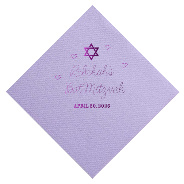 Embrace tradition with a touch of love on the Hearts Bat Mitzvah Napkin, featuring a Star of David amid a cascade of hearts. The celebrant's name and 'Bat Mitzvah' in graceful script, followed by the event date, add a personal flourish to this momentous celebration.