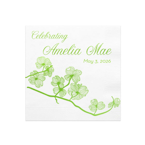 Personalized White Cocktail Napkins with Bleed with Shiny Kiwi / Lime Foil has a Dogwood graphic and is good for use in Milestone and Garden themed parties and will add that special attention to detail that cannot be overlooked.