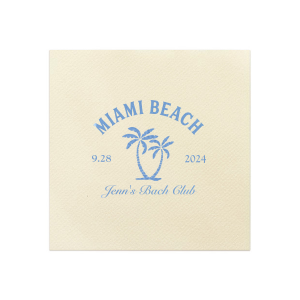 Celebrate the bride-to-be's final wave of singlehood with the Bachelorette Beach Party Palm Tree Napkin, custom-printed with her name in elegant script, alongside the party's sunny location and date, adorned with a tropical twin palm tree graphic. A breezy addition to "The Last Splash" bachelorette bash.