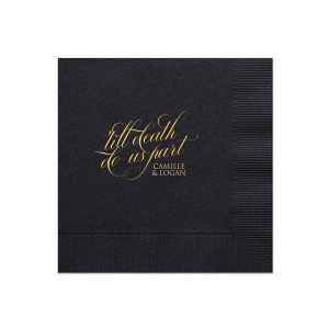 Spice up the celebration with the Til Death Do Us Part Napkin. A playful twist on marital vows, it boldly broadcasts "Til Death do us Party" in a stacked design. With space for personalization below, it's the perfect cheeky touch for a love-filled, lively occasion!