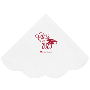 Celebrate academic achievement with the Class of Graduation Cap Napkin. It proudly showcases the class year in a bold mix of script and block lettering, topped with a playful graduation cap design. Beneath, the graduate's name adds a personal touch, making this napkin a fitting tribute to their accomplishment.