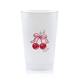 Raise a glass at your next special event with the Cherry Bow Initials Cup! The two cherries are tied together by a bow, reflecting the partnership of you and your sweetheart. Customize the text to make it extra special at your next momentous occasion, be it an engagement, wedding, anniversary or any other celebration of love.