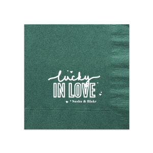 ForYourParty's chic Honeydew Cocktail Napkin with Shiny Leaf Foil has a Confetti Heart Lucky In Love graphic and is good for use in Wedding, Bridal Shower, and Engagement themed parties and can be customized to complement every last detail of your party.
