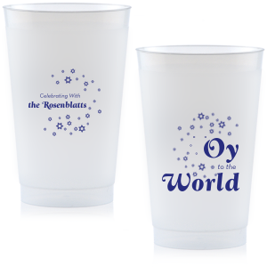 Our Custom 16 oz Frost Flex Cup with Matte Cobalt Ink Cup Ink Colors has a Star of David Frame graphic and is good for use in Jewish and Hanukkah themed parties and are a must-have for your next event—whatever the celebration!