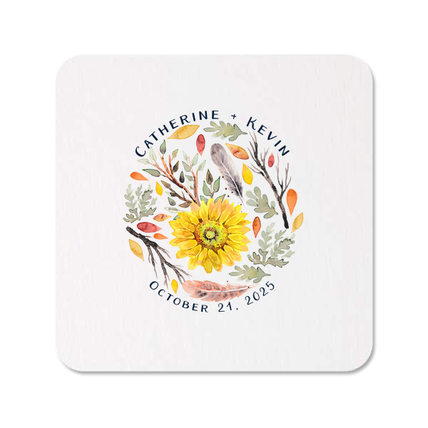 For those who cherish the beauty of nature, the Autumn Flowers Custom Photo Coaster is a perfect choice. This artistic circular design, featuring a vibrant sunflower amidst feathers and foliage, captures the essence of natural elegance. Personalize it with names and date to make your celebration blossom with vibrant charm.