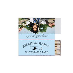 ForYourParty's chic White Classic Custom Photo Matchbox with Matte Sky Blue Ink Digital Print Colors and Matte Black Ink Digital Print Colors has a Graduation Scroll graphic and is good for use in Graduation themed parties and will make your guests swoon. Personalize your party's theme today.