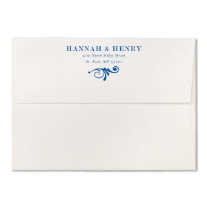 ForYourParty's personalized Lettra Pearl White 110lb Invitation Envelope with Navy Ink Letterpress Inks has a Decorative Flourish 2 graphic and is good for use for Wedding invitation envelopes and will make your guests swoon. Personalize your party's theme today.