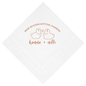Hop into matrimonial joy with the Some Bunnies Wedding Napkin, complete with an adorable drawing of two bunnies and a heart nestled between them. The playful phrase "Some Bunnies Getting Married" sets a whimsical tone, while the area below awaits the couple's names, scripted with modern elegance. A delightful addition to your wedding tablescapes.