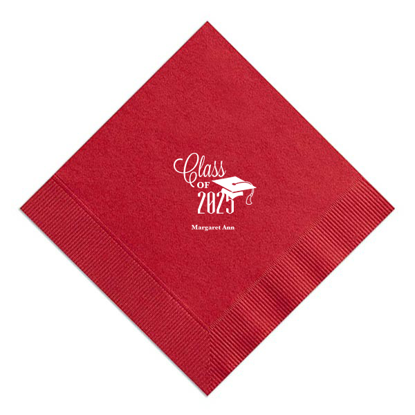 Celebrate academic achievement with the Class of Graduation Cap Napkin. It proudly showcases the class year in a bold mix of script and block lettering, topped with a playful graduation cap design. Beneath, the graduate's name adds a personal touch, making this napkin a fitting tribute to their accomplishment.