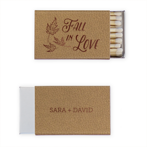 Celebrate the magic of love's season with the Fall in Love Leaves Matchbox. The words drift gently with leaves, symbolizing love as natural and transformative as autumn itself. On the reverse, your names capture this enchanting journey, as your love story thrives amidst nature's vibrant palette.