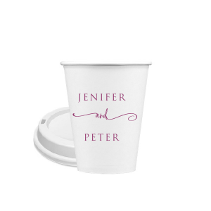 The Swirl Script Duo Cup design combines simplicity with a dash of flair. The couple's names are elegantly stacked, connected by a playful, elongated 'and' in swirling lowercase script. This design adds a touch of whimsy to a classic, understated style.