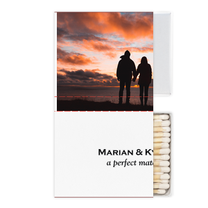 Our beautiful custom White Classic Custom Photo Matchbox with Matte Black Ink Digital Print Colors and Matte Fuchsia Ink Digital Print Colors will impress guests like no other. Make this party unforgettable.