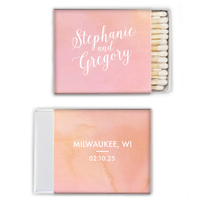 Celebrate love's union with the Wedding Couple Script Matchbox design, where the couple's names are elegantly inscribed in a flowing, sophisticated script. Complemented by a chic, modern backdrop featuring the wedding city and date, it's a perfect match of classic charm and contemporary style.