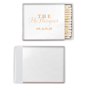 Illuminate your special day with the Last Name Matchbook, where a prominent 'THE' in all caps precedes your surname in flowing script. Accented with your wedding date, these matchbooks are a testament to your union, perfect for sharing the spark of your love.