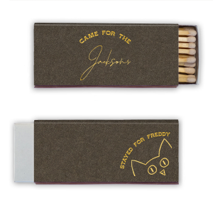 Spark conversation at your next event or house party with the Came for the Family, Stayed for the Cat Matches. One side invites personalization with your family name, while the other side is graced with a playful cat peeking out, topped with "Stayed for" and a space for your cat's name. A charming touch for any home entertainment setting or gift giving for your favorite cat family.