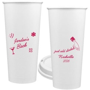 Add a splash of fun to the festivities with the Sassy Spirits Bachelorette Cup, personalized with the bride-to-be's name in script, and adorned with playful symbols like "XOXO," a martini glass, and a smiley face. The flip side's "Just add alcohol" mantra and hand line drawing, customizable with your party's location and date, promise a night of merriment and memories.