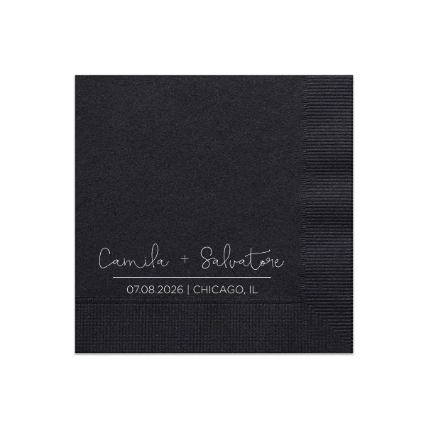 Our personalized Black Cocktail Napkin with Matte White Foil can be personalized to match your party's exact theme and tempo.